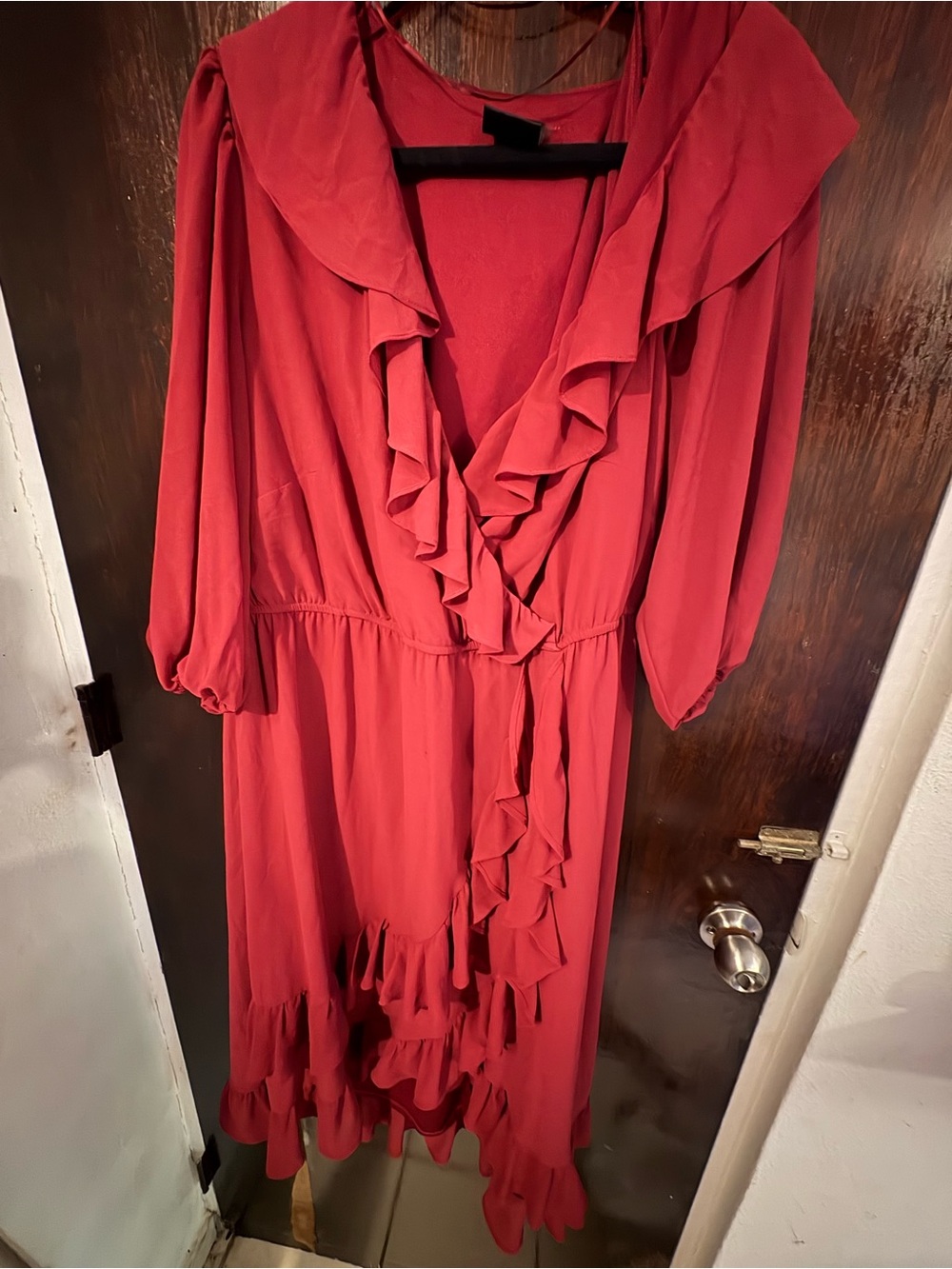 Maison Tara Burgundy Ruffle Wrap Midi Dress. Size 18.5.
